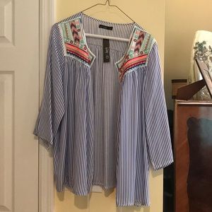 stripes white and blue qith boho embroidery blouse